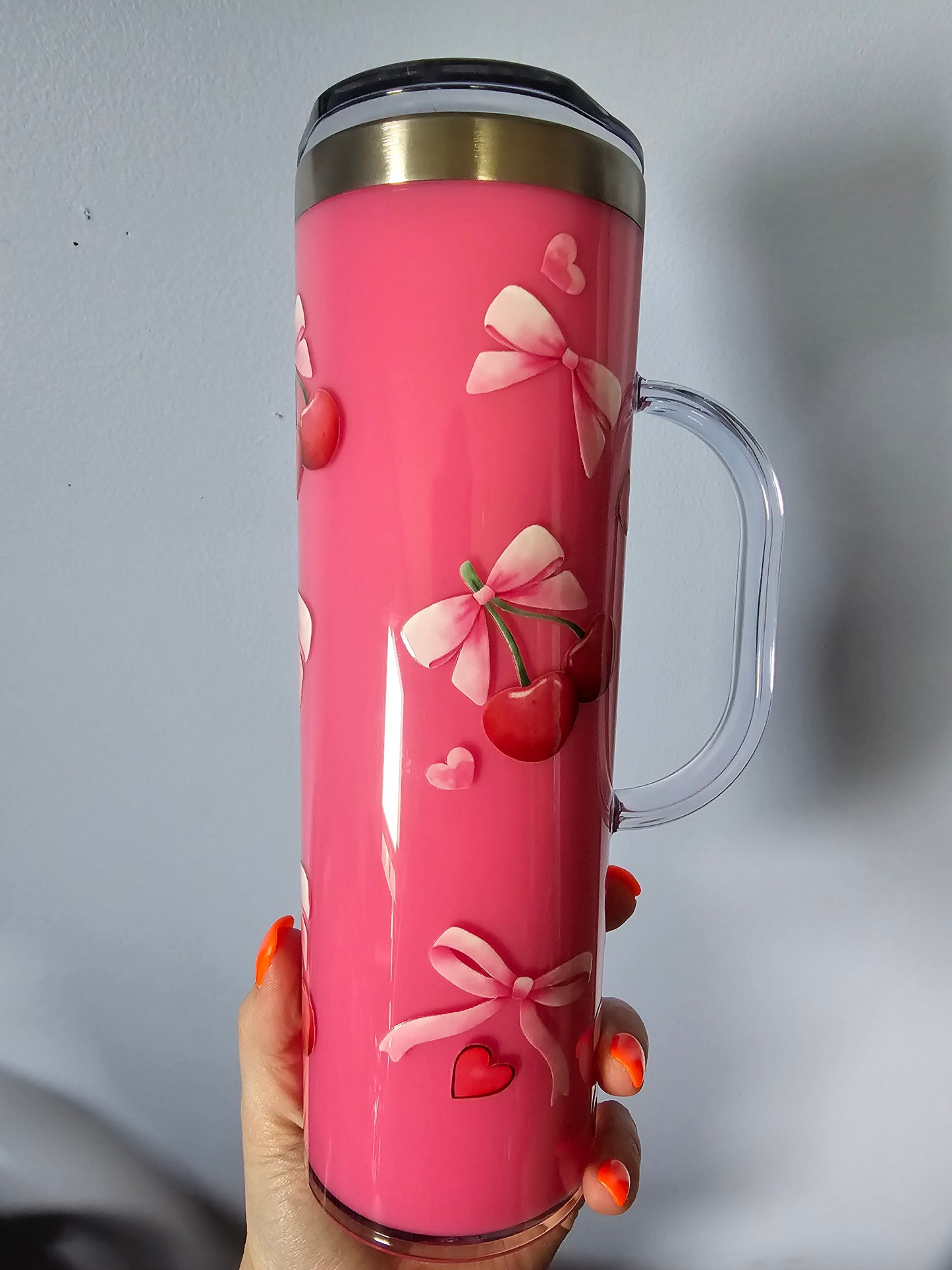 Pre-made 20oz stainless steel strawberry milk tumbler with handle