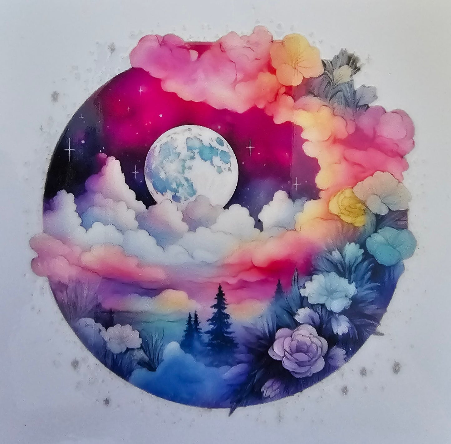 Full moon with mountains & flowers