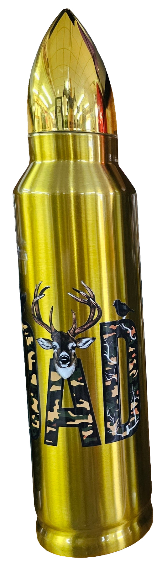 Gold 32oz Bullet tumbler with Hunting Dad decal