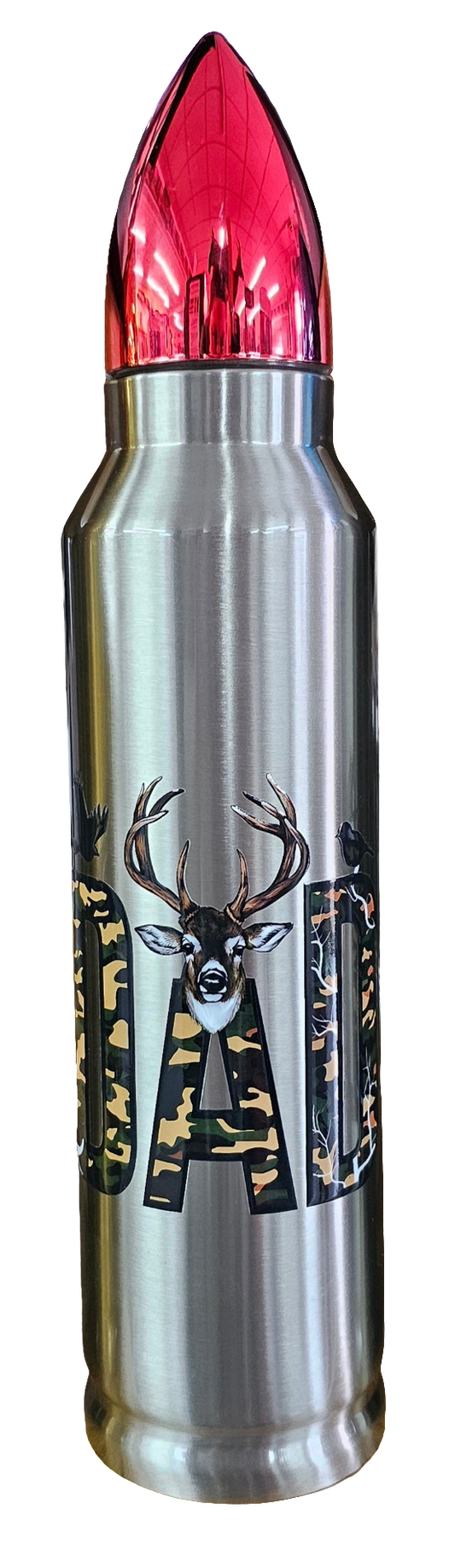 Red cap 32oz silver bullet with hunting dad decal