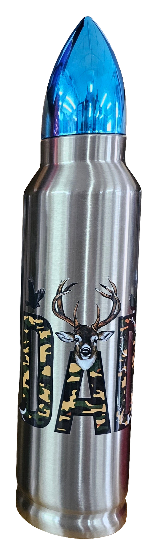 Light blue cap silver bullet 32oz tumbler with hunting dad decal