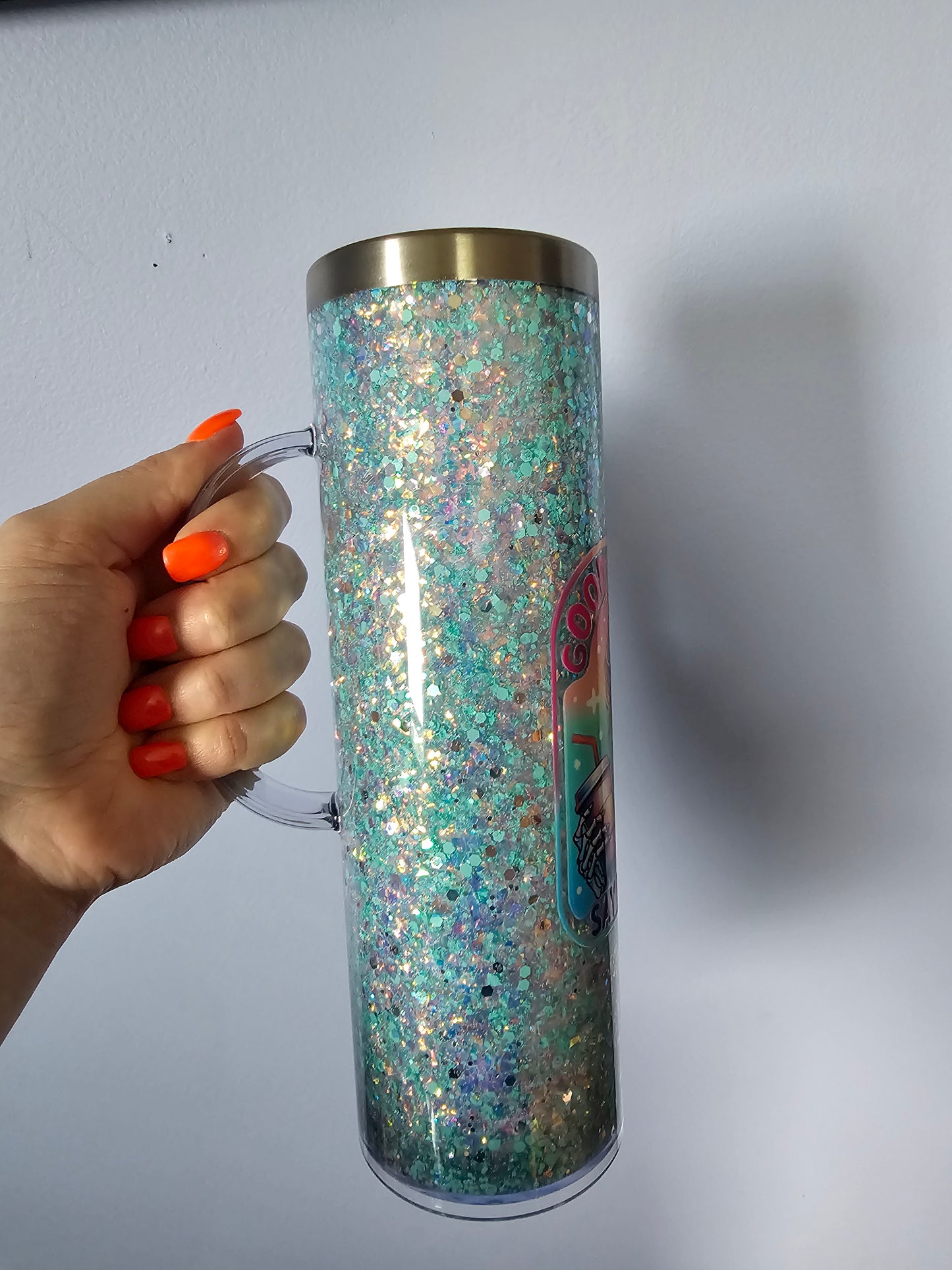 Pre-made 20oz stainless steel snowglobe tumbler with handle